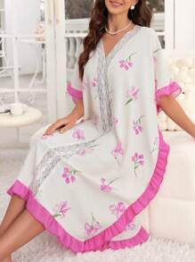 CottageSlumber CottageSlumber Women's Loose Fit Sleep Dress Pajama Dress With Wide Sleeves, Contrast Color Ruffle Hem And Floral Print Long Dress Women Plus Sleepwearwomen Sleepwear