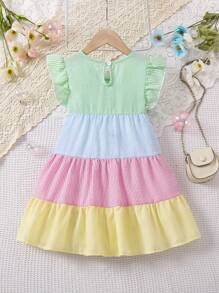 SHEIN Vintaside Kids Young Girl Color-Block Striped Ruffle Hem Dress Summer Holiday - Multicolor - View 2
