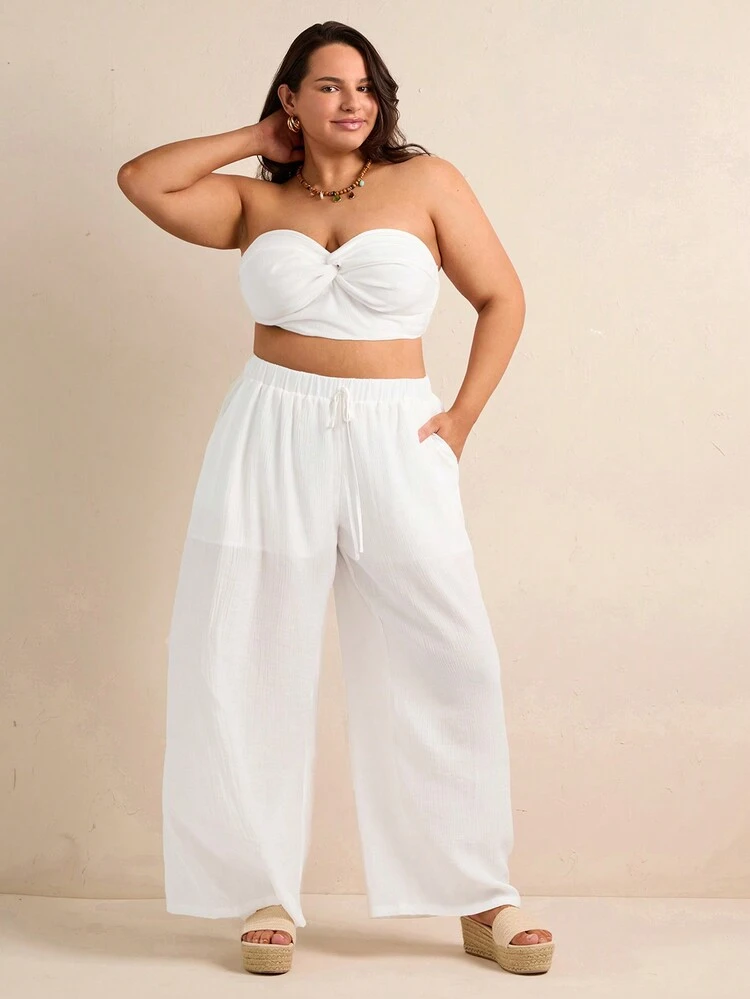 Plus Size Women's Solid Color Twist Front Crop Top And Pants Set