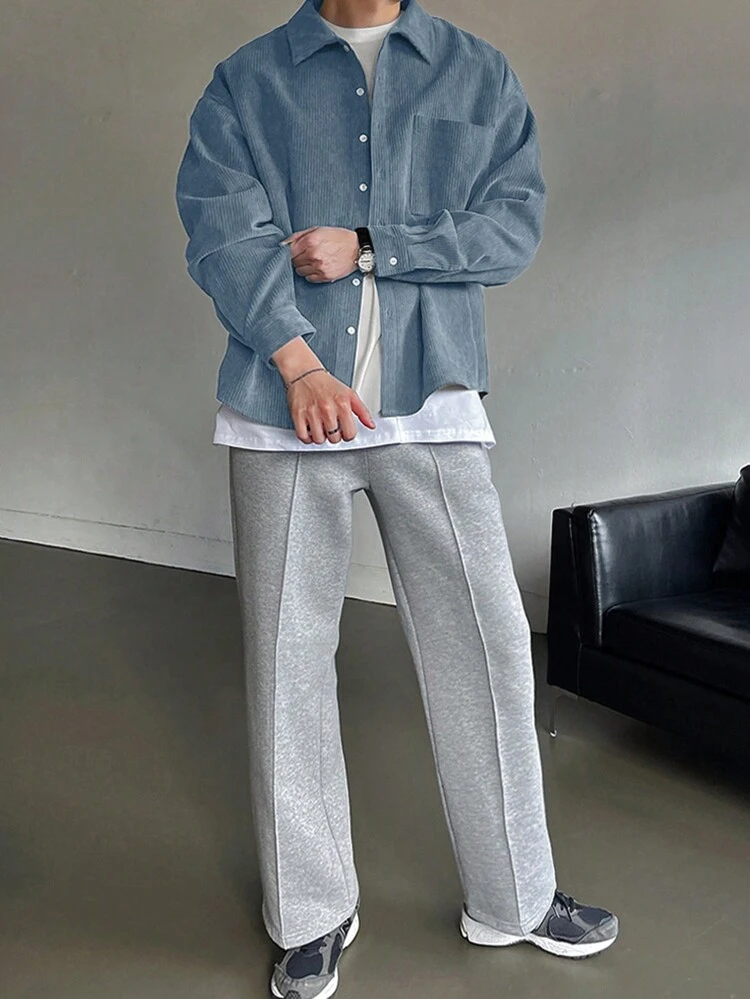 Men's Solid Colored Drop Shoulder Long Sleeve Shirt With Pocket,Fall Clothes
