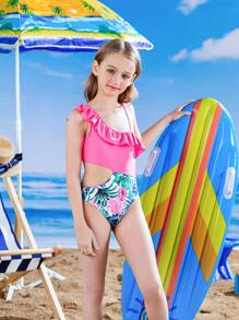 Girls' Tropical Print Cutout One Piece Swimsuit With Patchwork - Multicolor - View 1