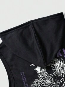 ROMWE MEN Anime Áo ba lỗ trùm đầu có dây rút họa tiết rồng và chữ Nhật dành cho nam, đi học - màu đen - Xem 7