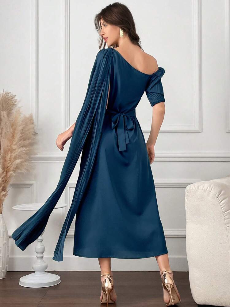 Women's Asymmetric Neck Patchwork Ribbon Detail Dress Long Evening Dresses
