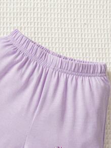 SHEIN 2入組幼兒女童休閒運動心形及亮片印花短袖t恤和短褲套裝,適用於春夏戶外活動 - 紫色 - 查看 5