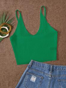 SHEIN Essnce Women's Solid Color Ribbed Knit Camisole Top - Green - View 3