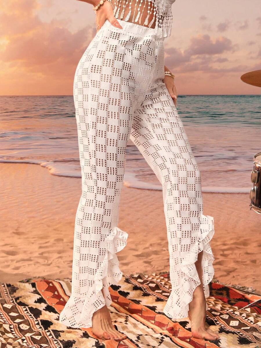 SHEIN Swim Solid Mesh Elastic Waist Ruffled Hem Pants Cover-Up Top Summer - White - View 1
