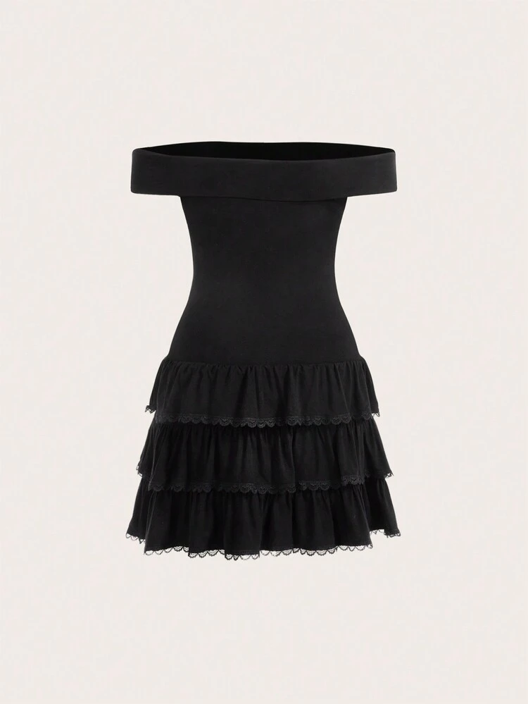 Ballet Bow Lace Trim Ruffle Oif The Shoulder Summer Black Dress