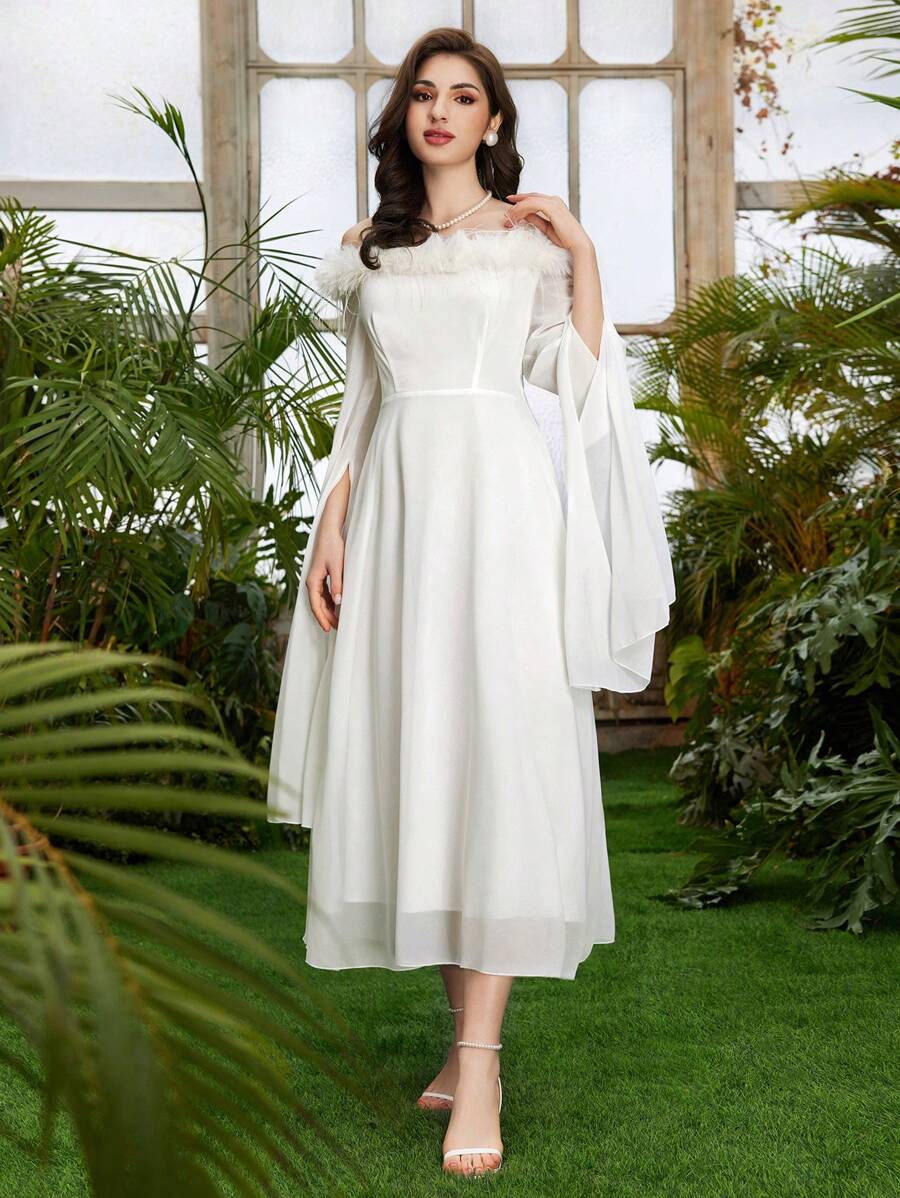 Modelyn Đầm lệch vai có viền sang trọng màu trơn - trắng - Xem 1