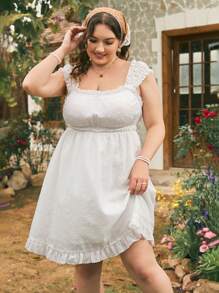 Dreamara Plus Size Sleeveless Ribbed Dress With Frill Trim Detail - White - View 4
