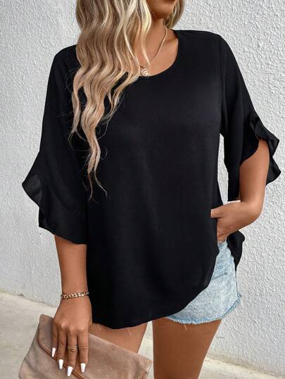 Elenzga Plus Size Women's Solid Color Round Neck Shirt