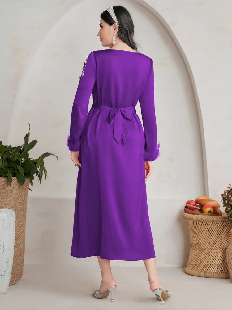 Women's Dress With Rhinestone Decoration, Fur Patchwork And Lantern Sleeves Long Evening Dresses