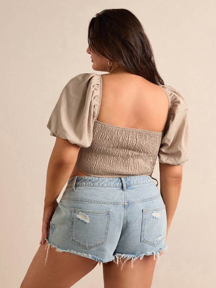 Plus Size Women's Solid Color Rhinestone Collar Puff Sleeve Shirt