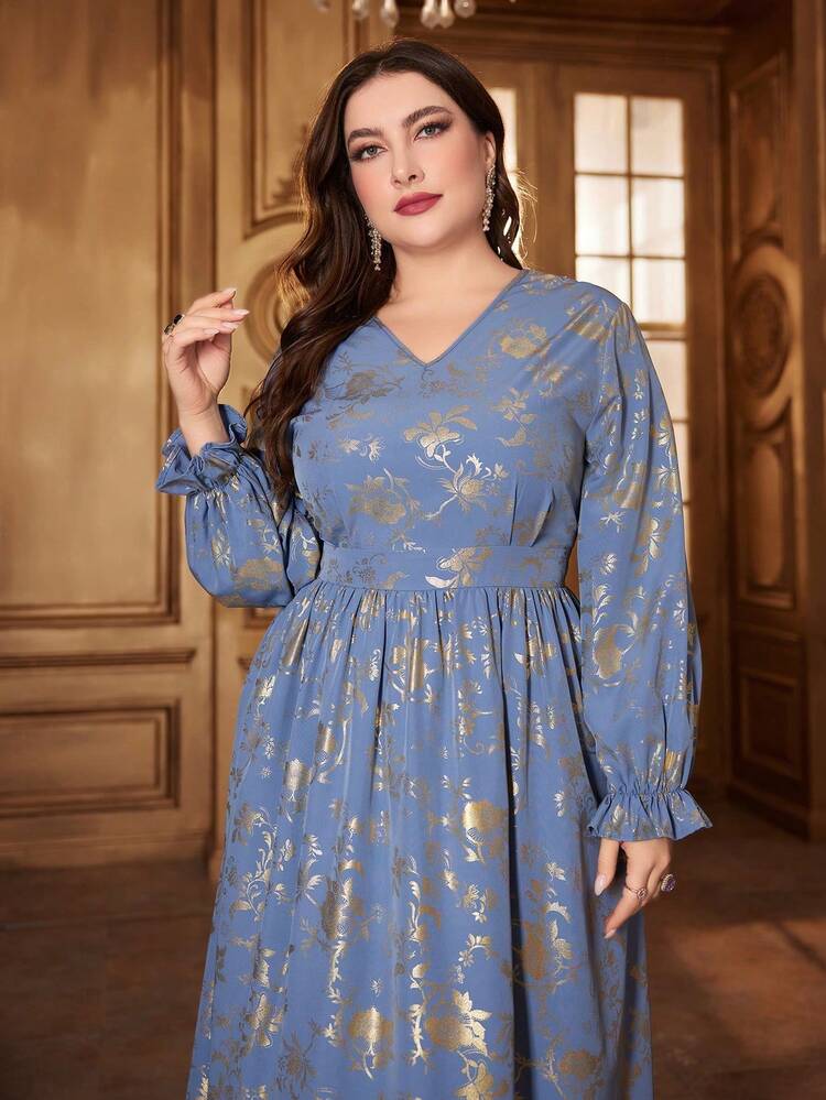 Plus Size V-Neck Floral Flared Sleeve Dress Fall Cloth For Women