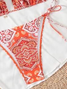 SHEIN Swim Bộ bikini in hoa cổ điển đi biển mùa hè - Đỏ - Xem 6