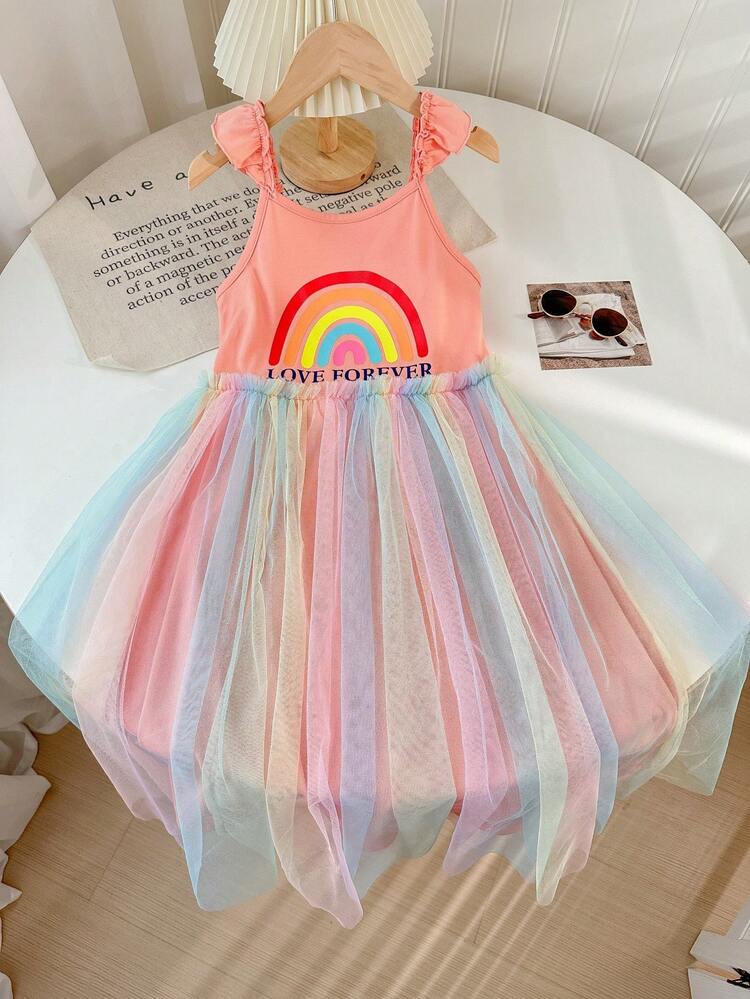 Tween Girls' Everyday Casual Spring/Summer Knit Patchwork Rainbow Letter Print Flounce Dress