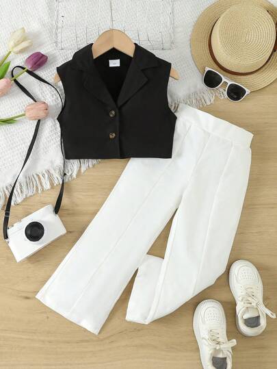 Genkimix Kids 2入組年輕女孩淑女领袖袖無扣短背心和寬腿褲套裝,下午茶休閒夏季套裝