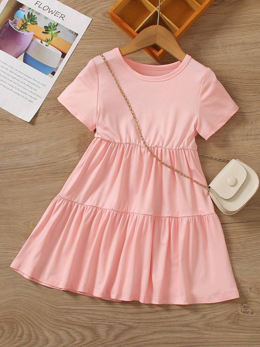 SHEIN Elladie kids Young Girl's Solid Color Round Neck Short Sleeve Dress With Ruffled Hem, School, Campus, College - Pink - View 1