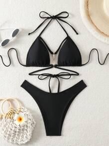 Swim SXY V 领吊带比基尼套装 夏季 - 黑色 - 查看 3