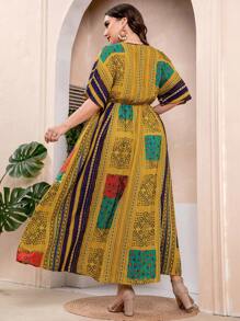 Seusyu Plus Scarf Print Batwing Sleeve A-line Dress - Multicolor - View 2