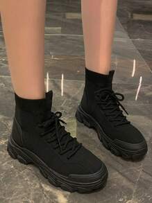 Women High Top Knit Lace-Up Front Sock Sneakers - Black - View 5