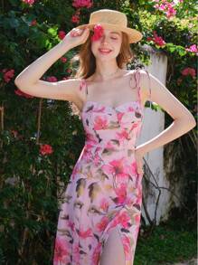 Vestido sin mangas con abertura alta y estampado floral en todo el vestido, adecuado para vacaciones de verano en color rosa - Morado - Ver 9