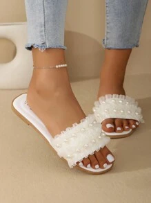 Women's Pearl Decor Mesh Beach Casual Flat Sandals - White - View 1