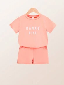 SHEIN 少女印花字母短袖圓領T恤和短褲套裝 - 橘色 - 查看 3