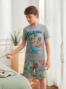 Tween Boy Round Neck Cartoon Printed T-Shirt And Shorts Home Clothes Set - Grey - View 4