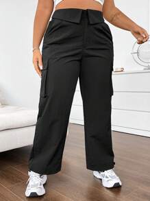 Flirla Pantalones De Carga Para Mujer De Tallas Grandes unicolor Con Cintura Plegable - Negro - Ver 1