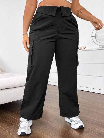 Flirla Women's Plus Size Solid Color Fold-Over Waist Cargo Pants Fall Cloth For Women