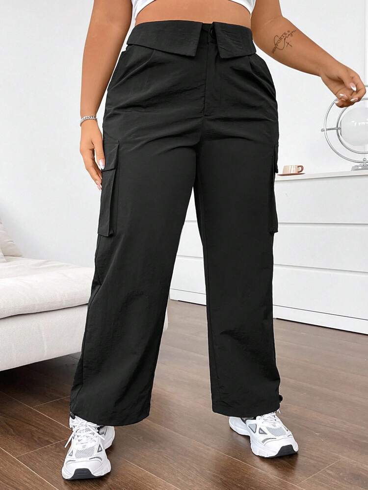 Women's Plus Size Solid Color Fold-Over Waist Cargo Pants Fall Cloth For Women