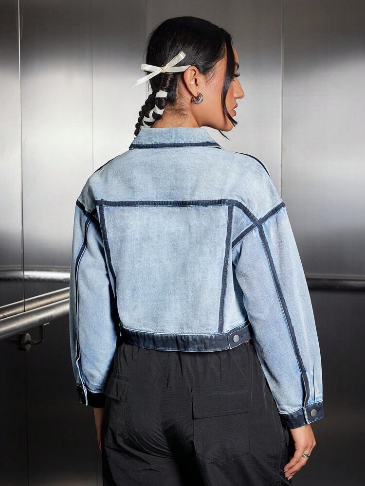 Contrasting Button-Down Collar Denim Jacket With Flap Pockets