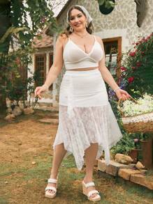 Dreamara Kích thước lớn Của phụ nữ Ren Viền không đối xứng Váy - trắng - Xem 4