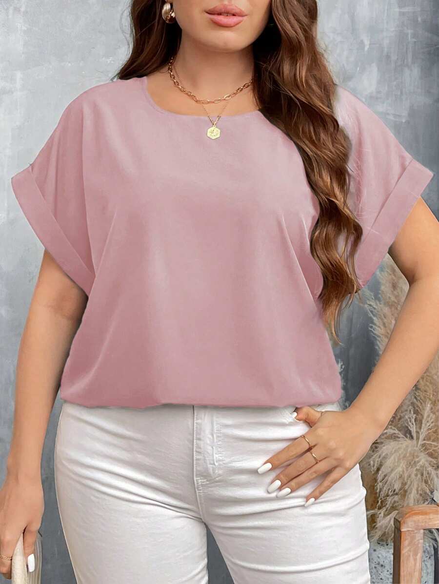 SHEIN LUNE Camisa azul de cuello redondo holgada de estilo casual básico con efecto de mezclilla y hombros caídos para tallas grandes - Rosa vieja - Ver 1