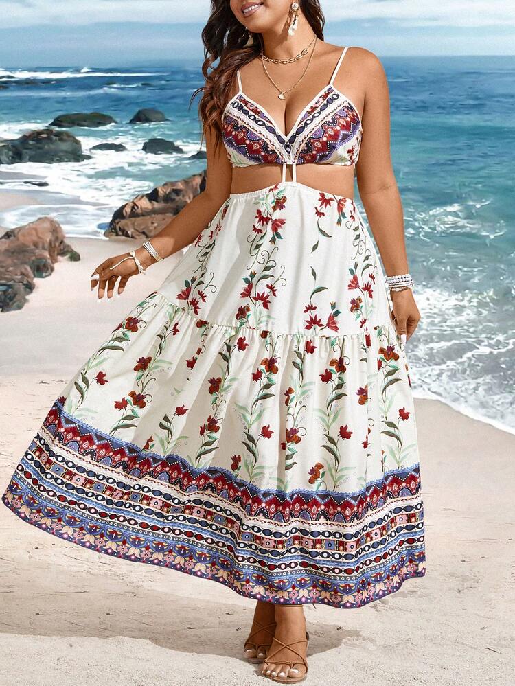 Plus Size Flower Printed Hollow Out Strappy Dress
