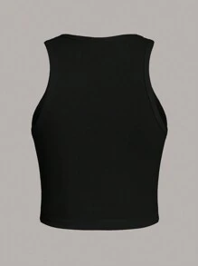 Slaydiva Top corto de ajuste ajustado con estampado de eslogan de figura enmascarada casual, adecuado para mujeres en verano - Negro - Ver 3
