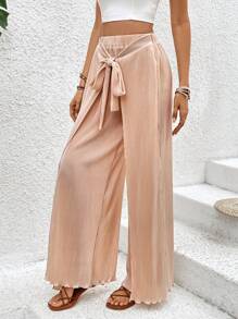 Breezaya 女款綁帶褶裥寬褲 - 杏色 - 查看 5