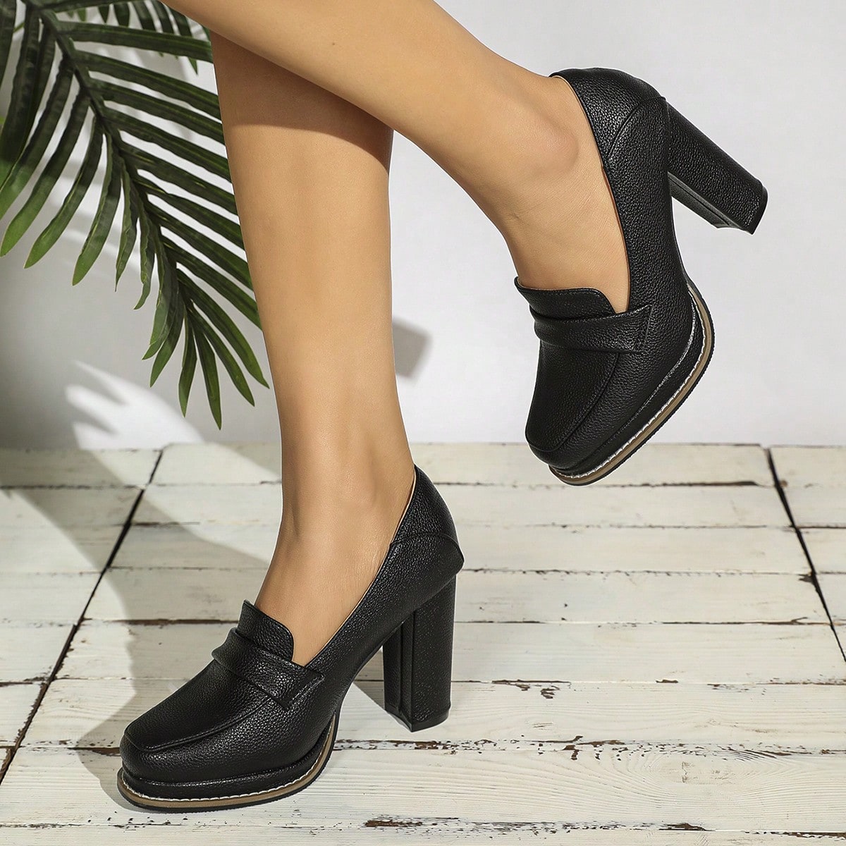 Zapatos de tacón alto de plataforma con textura de madera, cerrados, elegantes, tipo mocasín para mujer