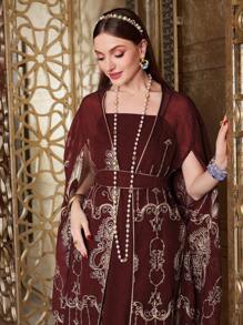 Al Najma Burgundy Red Embroidered Split Sleeve Jacket And Cami Dress 2pcs Set Kaftan Jalabiya Dress - Burgundy - View 5
