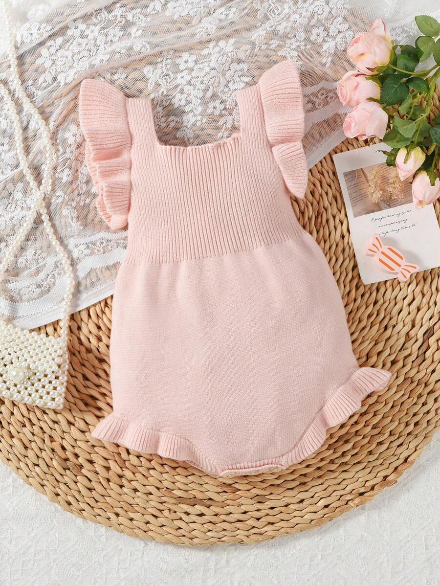 Đứa bé gái Viền Ruffle Đan Áo liền quần chặt Without Tee - Hồng - Xem 1