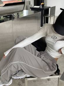 DAZY 女士對比邊飾鬆緊腰寬腿褲 - 淺灰色 - 查看 3