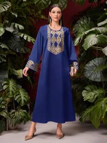 Al Najma 女士花卉刺绣长袖阿拉伯连衣裙 - 藏蓝色 - 查看 6