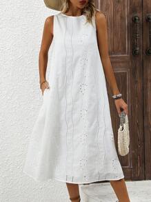 EMERY ROSE Round Neck Hollowed-Out Embroidered Long Dress With Pockets - White - View 2