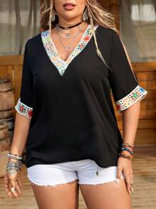 SHEIN LUNE Plus Size Open Shoulder Neckline Blouse With Patchwork Woven Strap - Multicolor - View 3