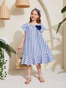 SHEIN Tween Girls' Loose Fit Casual Striped Knit Dress With Bubble Sleeves - Blue - View 5