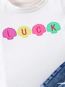 Baby Girl Fashionable Shimmering Letter Print Short Sleeve Top And Color Block Jeans With Distressed Design, Casual And Versatile