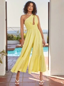 Soleia Women's Casual Vacation One Shoulder Sleeveless Jumpsuit With Ruffle Trim And Wide Leg - Yellow - View 2
