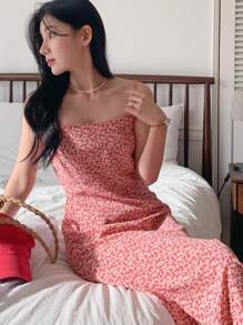 DAZY Quý cô In hoa Dây đeo Mì Ý  Váy dây treo - Hồng - Xem 1