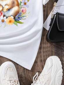 Tween女童復活節兔子和牡丹印花t恤 - 白色 - 查看 5