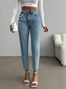 RueChic 高腰仿珍珠装饰妈妈版牛仔裤